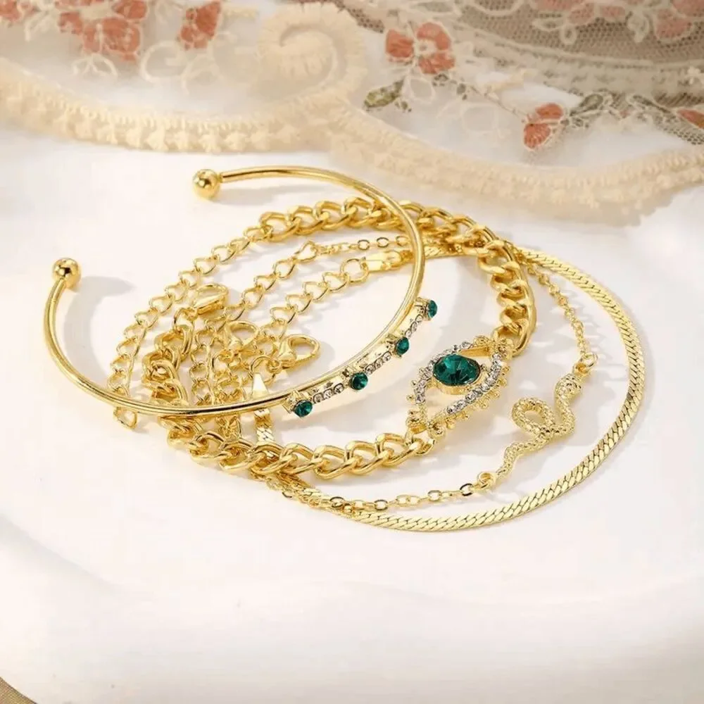 Evil Eye Diamond Emerald Snake Bracelet Set - 4 piece